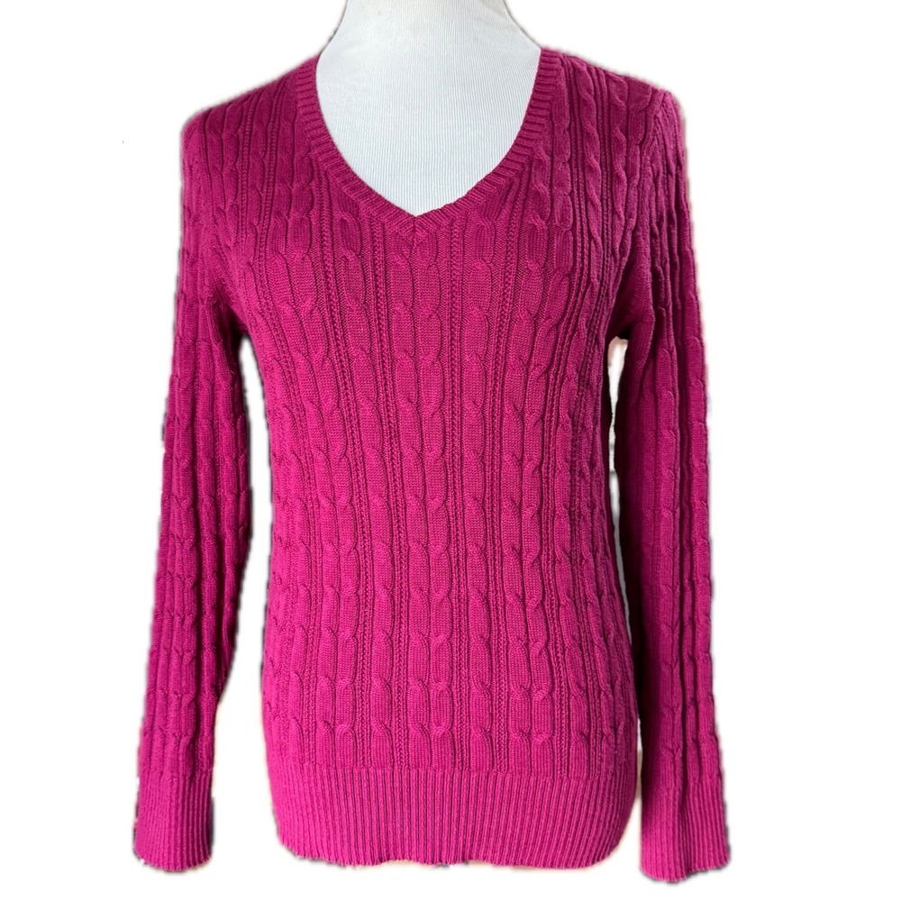 St. John's Bay Women's Cable Knit Sweater L Cotton Preppy Cottagecore Magenta